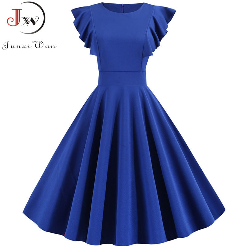 Summer Dress  Women Solid Color Elegant Vintage Dress Robe Femme Casual Short Sleeve Midi Party Sundress Vestidos