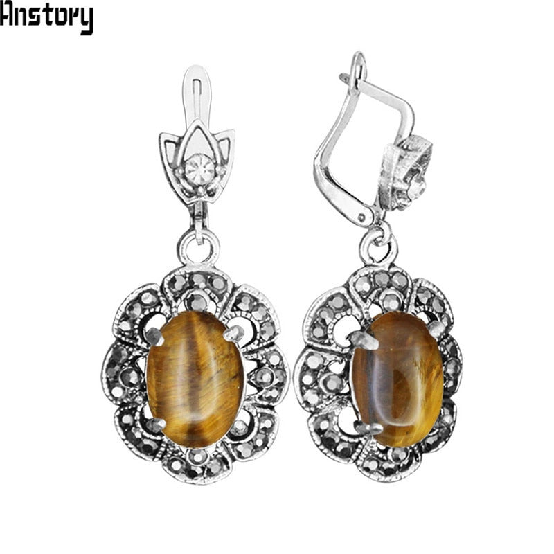 Plum Flower Pendant Natural Tiger Eye Necklace Earrings Jewelry Set Rhinestone Vintage Fashion Jewelry For Women TS403