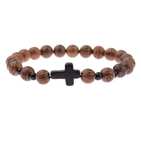 Hot Men Natural Wood Beads Cross Bracelets Onyx Meditation Prayer Bead Bracelet Women Wooden Yoga Jewelry Homme