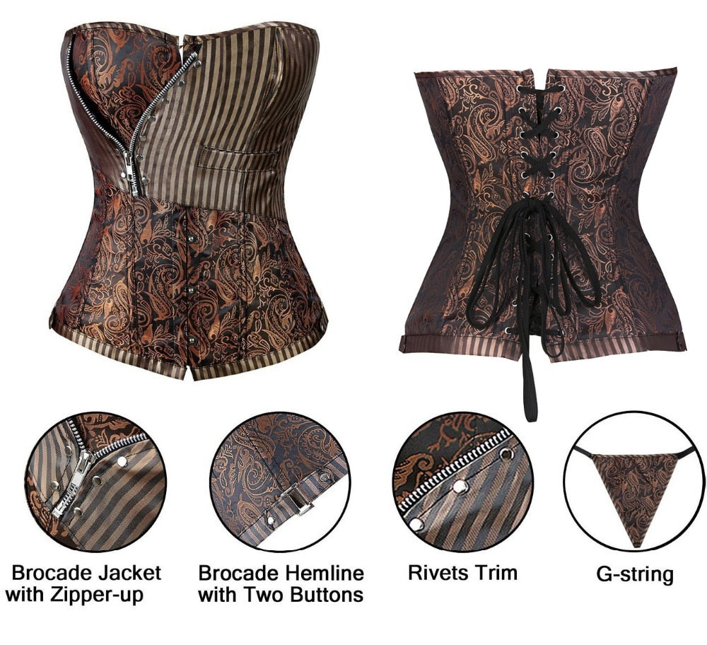 Miss Moly Steampunk Corset Gothic Bustiers Boned Zipper Brown Top Woman Tummy Slimming Sheath Modeling Shapewear Body Shaper