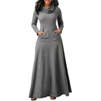 Sexy Women Warm Dress With Pocket Casual Solid Vintage Autumn Winter Maxi Dress