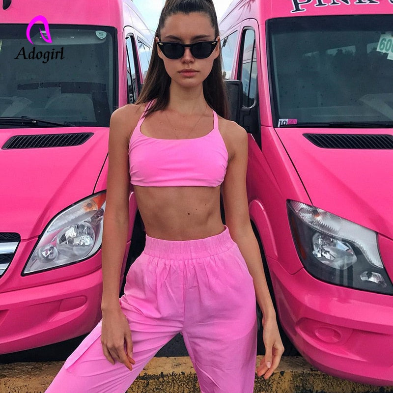 Pink Women Sports Two Pieces Gymwear Designer Women Tracksuit Joggings Spaghetti Straps Crop Top Elastic Waist Cargo Pants Set