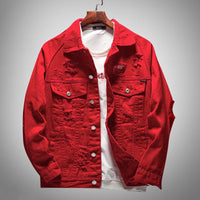 Sokotoo Men&#39;s letters embroidered red jean jacket Holes ripped denim coat Outerwear