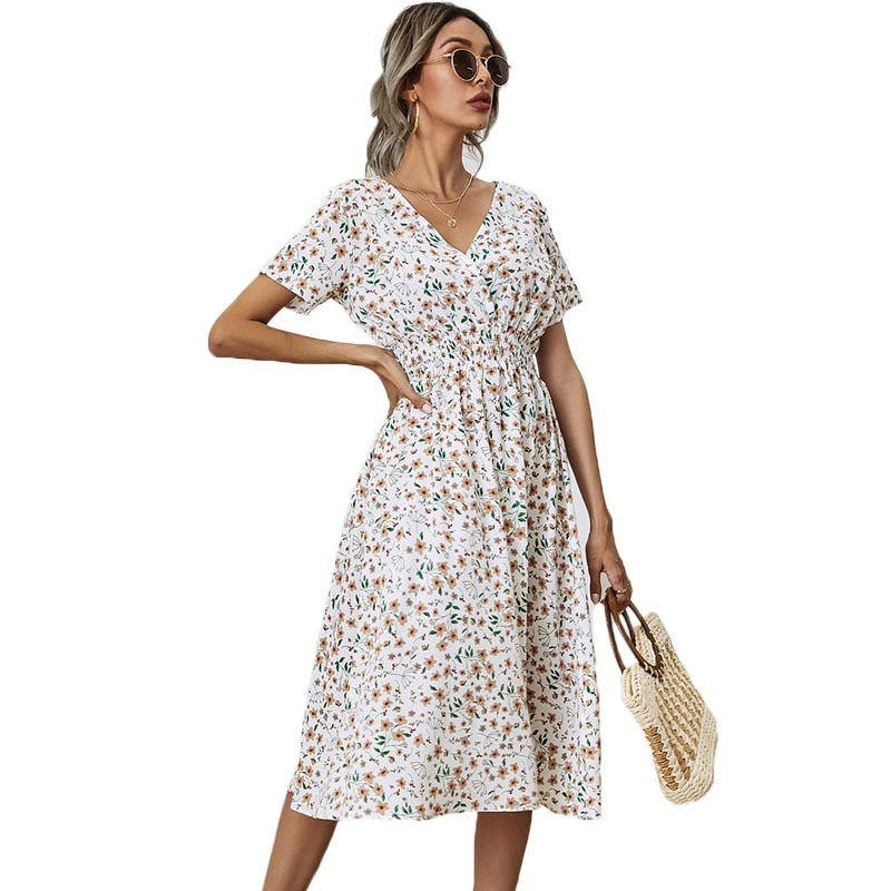 White Floral Printing Summer Chiffon Beach Dress 2022 Casual V-neck Short Sleeve A-line Women Midi Dresses Vestidos