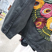 JSXDHK Streetwear Floral Embroidery Denim Jacket Coat Vintage Women Spring Autumn Turn Down Collar Loose Casual Cowboy Outwear