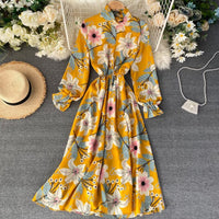 2021 Vintage Floral Print Stand collar Chiffon Dress