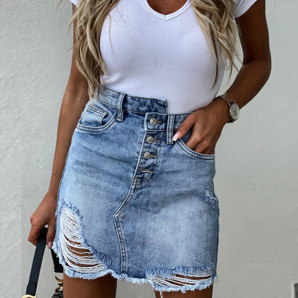 2021Sexy Summer Women Mini Denim Skirt Fashion High Waist Breathable Polyester Pockets Button