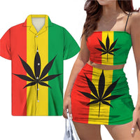 Fashion Jamaica Leaf Print Couple Clothes Sexy Backless Top Short Dress Suit Match Men Beach Shirt Reggae Style Couple Costume