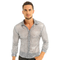 Mens Tuxedo Shirts Shiny Sequins See Through Mesh Long Sleeve Clubwear