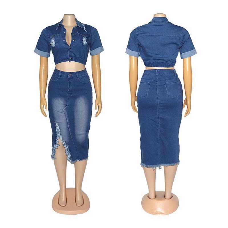 2020  Sexy Jeans Skirt Suit Set Denim Two Piece Sets Women Casual Short Sleeve Top