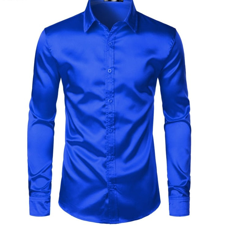 Royal Blue Silk Satin Shirt for Men 2023 Luxury Brand New Slim Fit