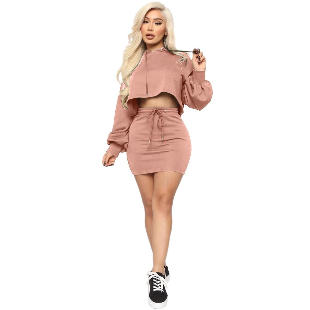 Sexy Women Hooded Skirt Two Piece Set Sweater Top +Mini Dress Tracksuit