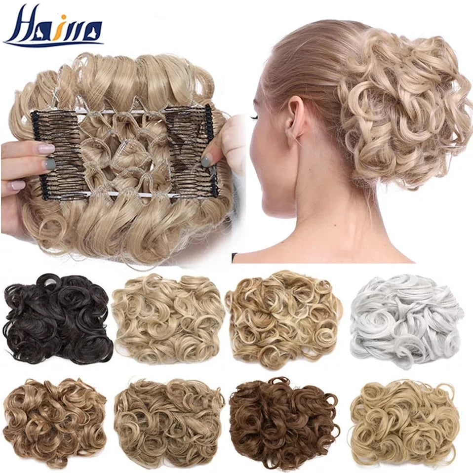 HAIRRO Large Comb Clips In Curly Hair Extension Synthetic Hair Pieces Chignon Women Updo Cover Hairpiece Extension Hair Bun