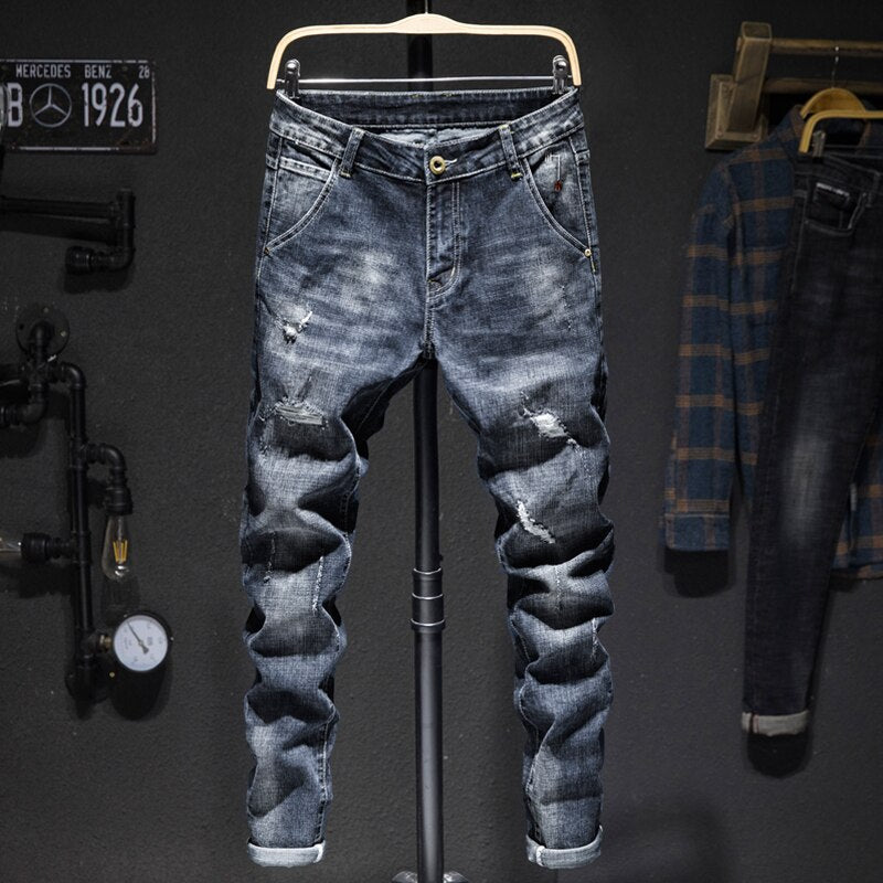 Biker Jeans Men Dark Blue Stretch Slim Fit Ripped Distressed Streetwear Denim Pants