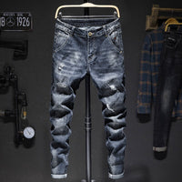 Biker Jeans Men Dark Blue Stretch Slim Fit Ripped Distressed Streetwear Denim Pants