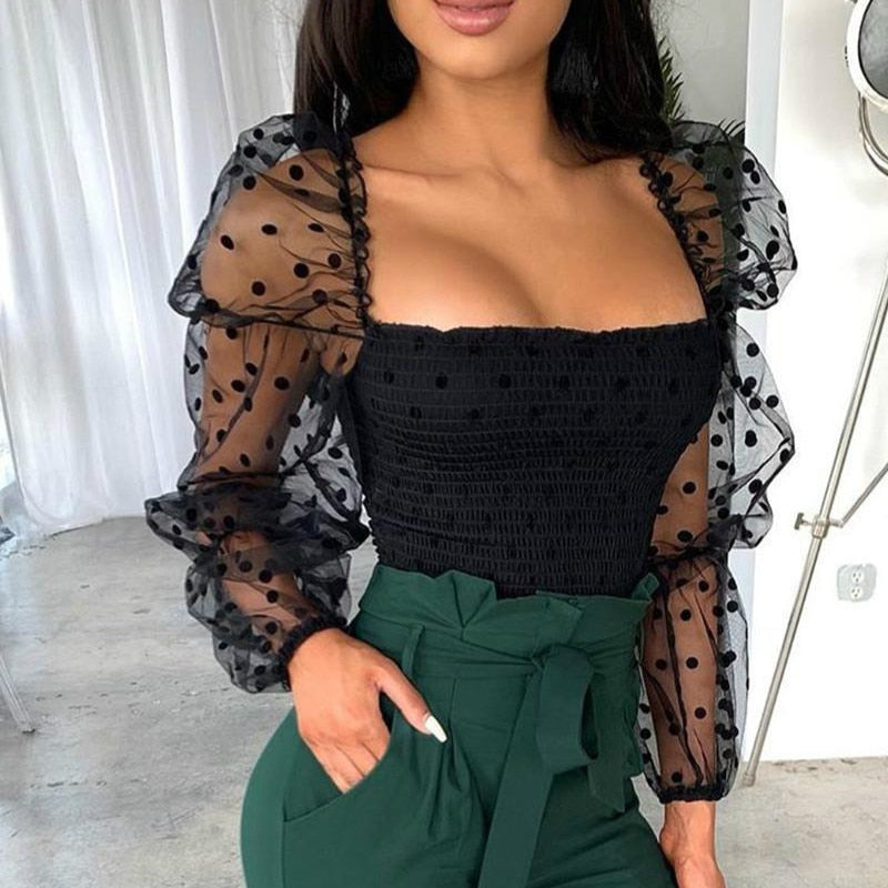 Sexy Mesh See-through Women Blouse Square Neck Polka Dot Puff Tube Top Sheer Long Sleeve Elastic Shirt Clubwear Party Streetwear