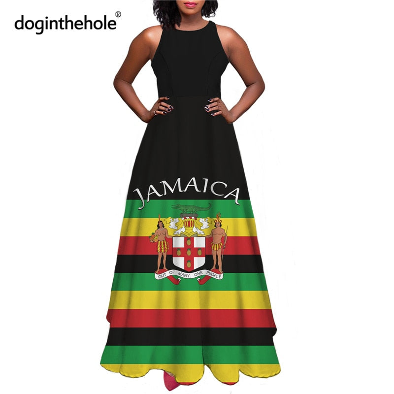 Jamaica Flag Printed Women Summer Sleeveless Long Dress Reggae Style Elegant Big Swing Party Dresses for Ladies Femme Vestidos