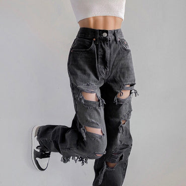 H&JACKY Black Jeans Fashion Women High Waist Straight Denim Mom Baggy Jeans Ripped Holes Breathable Long Denim Pants Washed