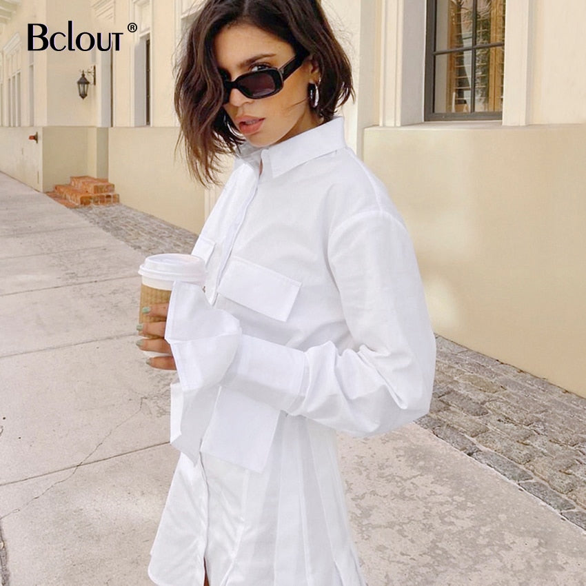 White Short A Line Dress Women New Office Lady Dress Solid Tunic Shirt Dress Female Pocket Cotton Dresses Autumn Green Vestido