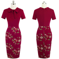 Nice-Forever Elegant Floral Patchwork Business Turn-Down Collar vestidos Formal Work Office Bodycon Women Female Dress B535