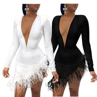 Sexy Women Spring Winter Mini Dress 2020 V-Neck Mesh Feather Patchwork Sexy Night Club