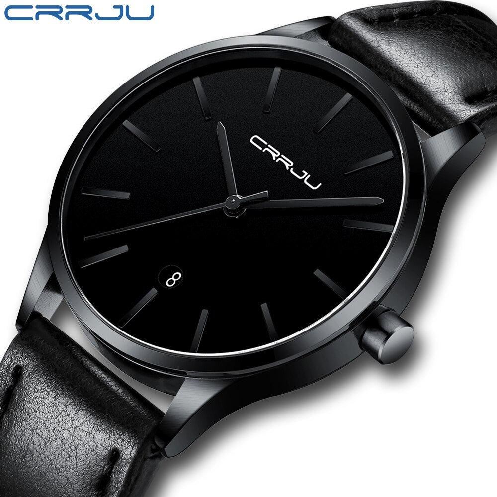 Mens Watches CRRJU Full Steel Casual Waterproof Watch for Man Leather Quartz Watch Men&#39;s Dress Calendar Watch Relogio Masculino