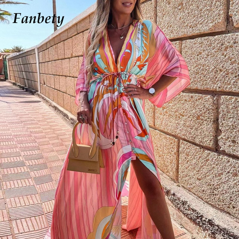 Elegant Deep V Neck Printing Hem Maxi Dresses Women Casual Button Elastic Waist Long Party Dress Summer Loose Slit Beach Dress