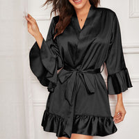 Women Sexy V-neck Silk Satin Night Dress Lace Sleepwear Nightwear Long Sleeve Nighties