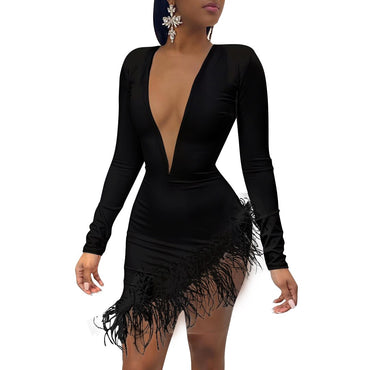 Sexy Women Spring Winter Mini Dress 2020 V-Neck Mesh Feather Patchwork Sexy Night Club