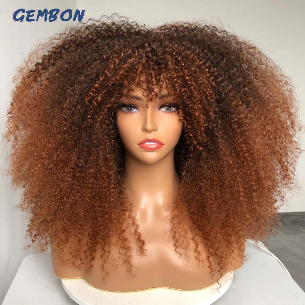 GEMBON Hair Brown Copper Ginger Short Curly Synthetic Wigs for Women Natural Wigs With Bangs Heat Resistant Cosplay Hair Ombre