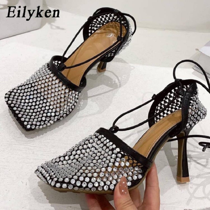 Eilyken Green Yellow Crystal Women Pumps Square Toe Fishnet Hollow Ankle Cross-Tied High Heel Rhinestone Sandals Lady Dress Shoe