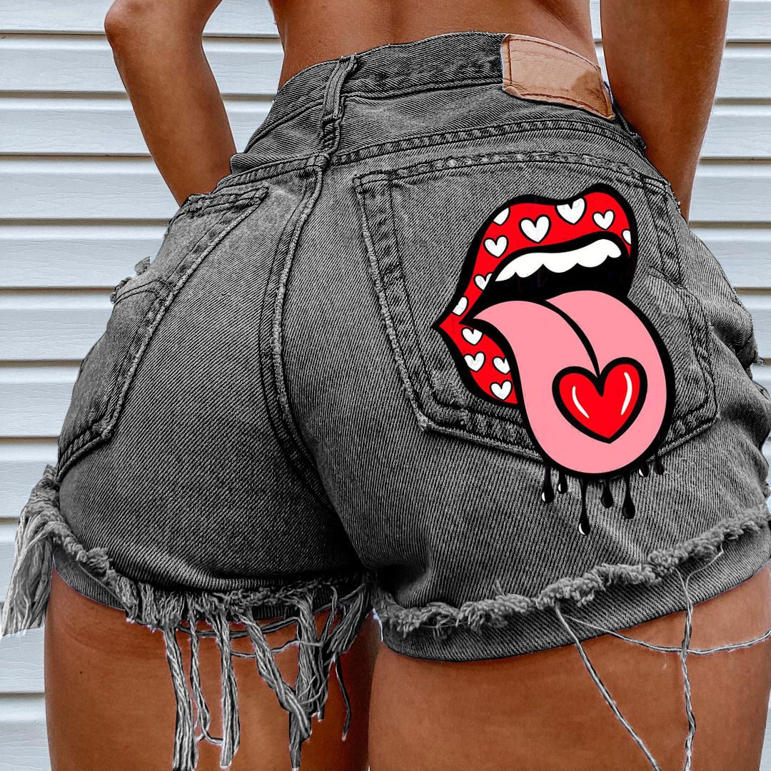 Hot Summer Women&#39;s Shorts Pockets Printed Pattern  Big Stone Love Ripped Raw INS Influencer