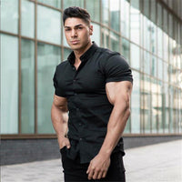 Men Fashion Casual Short Sleeve Solid Shirt Super Slim Fit Social Business Dress