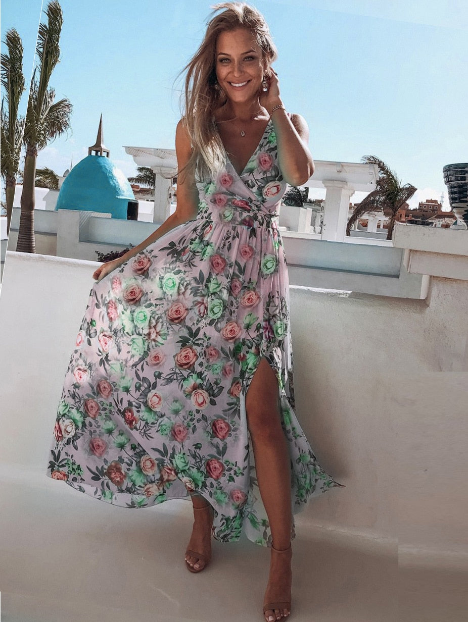 Summer Women Print V Neck Split Maxi Dress Floral Spaghetti Strap Elegant Party Chiffon Elegant Casual Beach Dresses Female