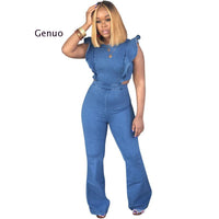 Plus Size Casual Denim Jumpsuits Women Blue Butterfly Sleeve Backless Bandage Romper Summer Sleeveless Zipper Up Party Overall