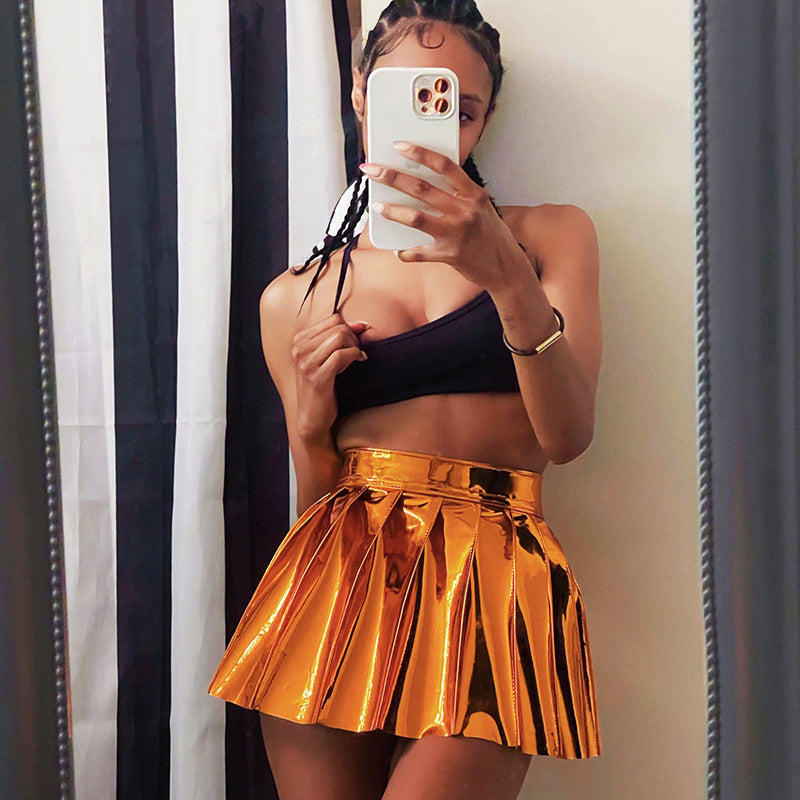 leather pleated skirt pink
