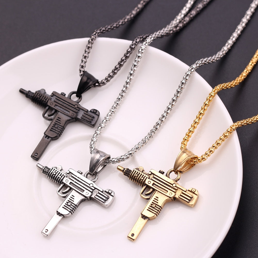 Cool Gothic Hip Hop UZI Kolye GUN Shape Pendant Necklace Gold Black Silver Color Army Style Male Chain Men Necklaces  Jewelry