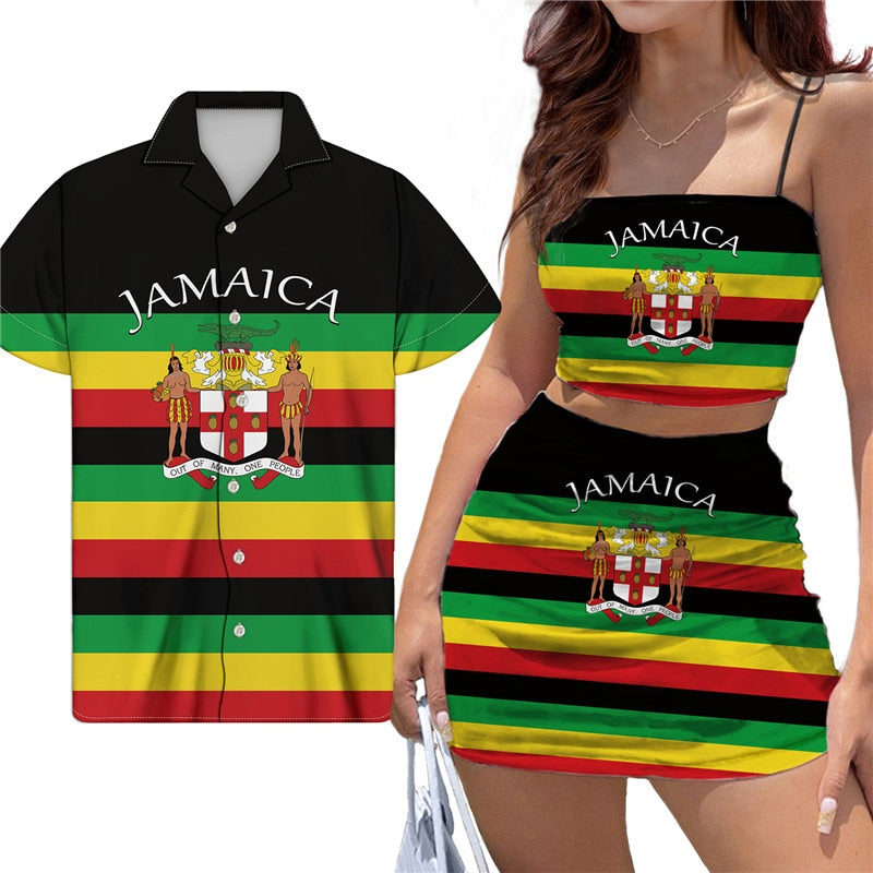 Jamaica Flag Print Women Sexy Halter Top Mini Dress Couple Clothes For Club Party Loose Men Shirt Match Girls Bodycon Skirt Set