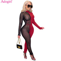 Sheer Mesh Patchwork Women Sexy Lace Up Jumpsuit Turtleneck Long Sleeve One Piece Overall Night Club Party Romper