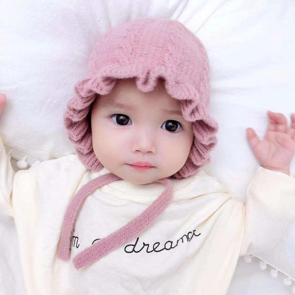 Winter Baby Girls Toddler Solid Print Hats With Ruffle Design Casual Caps Headwear New