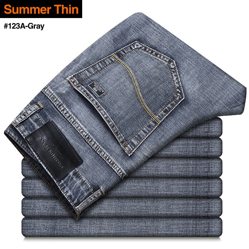 2021 New Classic Style Mens Grey Jeans Business Fashion Soft Stretch Denim Trousers Male Brand Fit Pants Black Blue