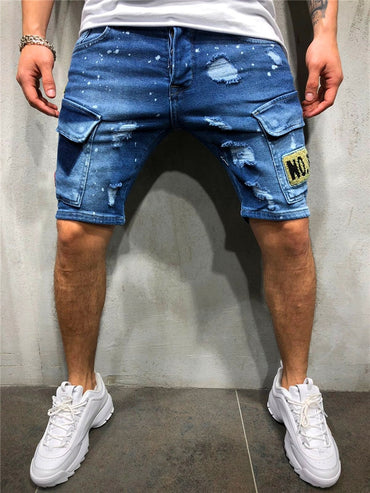 Summer New Men&#39;s Stretch Straight Short Jeans Fashion Casual Slim Fit High Quality Elastic Badge Pockets Hole Denim Shorts Male