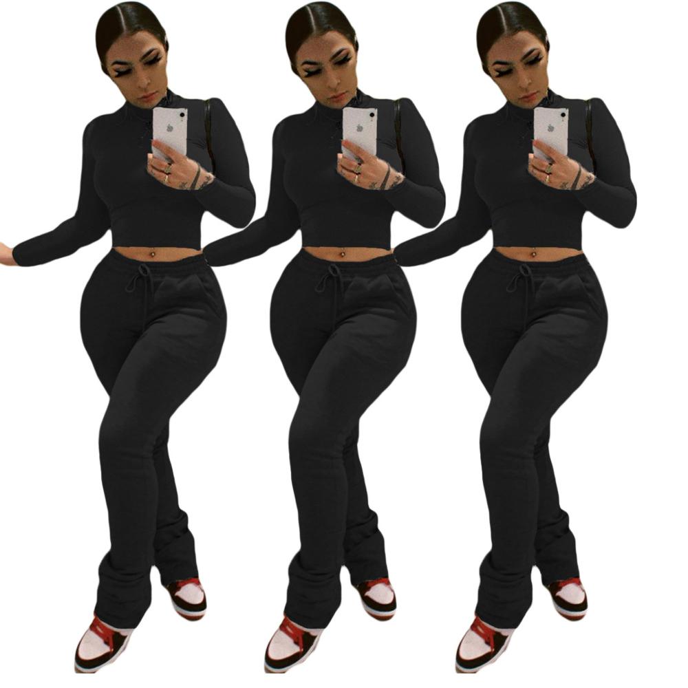 Sexy Women Workout Two Piece Set Casual Solid Long Sleeve Crop Tops T-Shirt Leggings