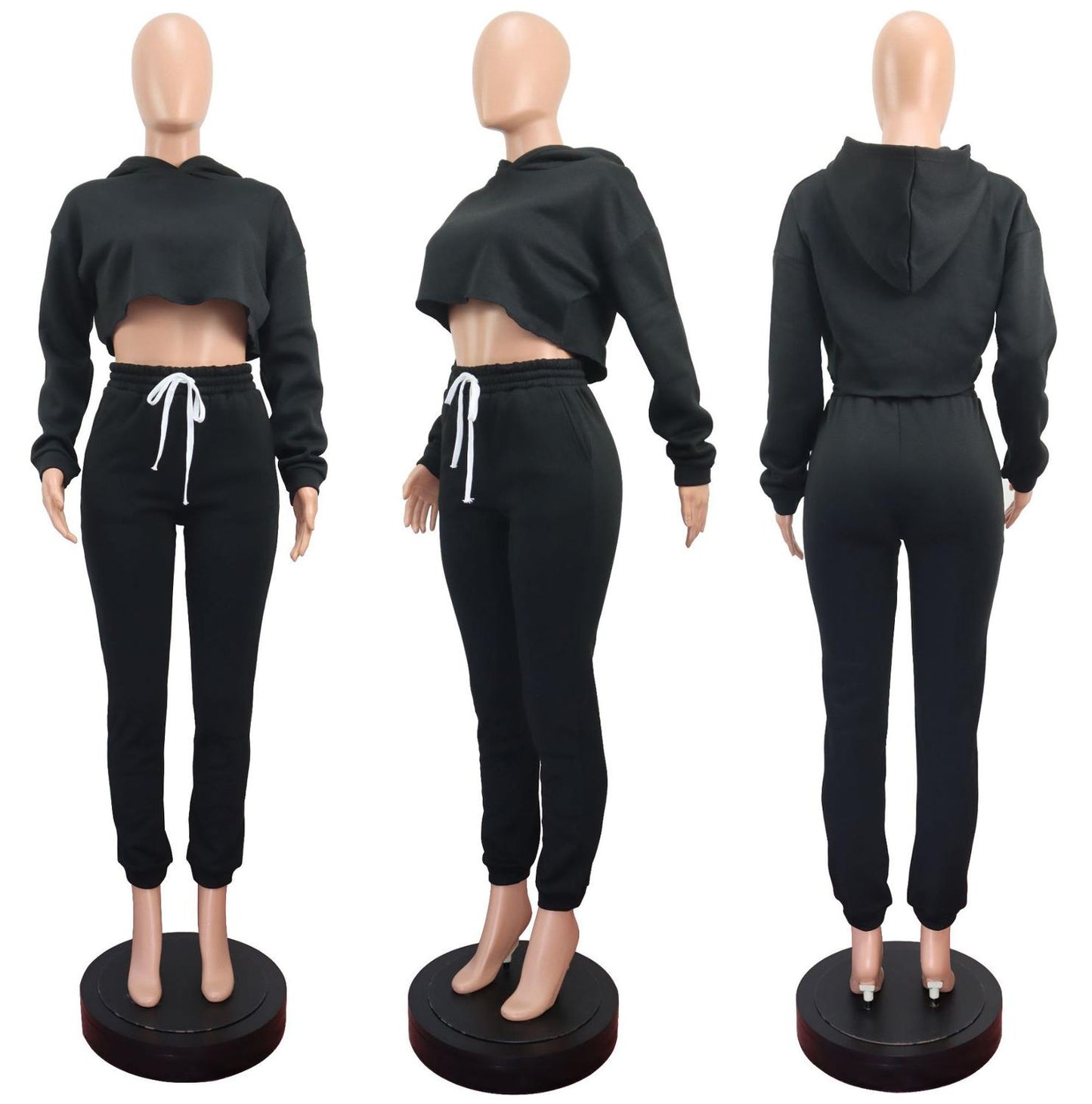 Casual Thick Fleece Tracksuit Women Jogger 2020 Autumn Winter Drawstring Long Sleeve Crop Top Sweatpants Sweatsuit Two Piece Set