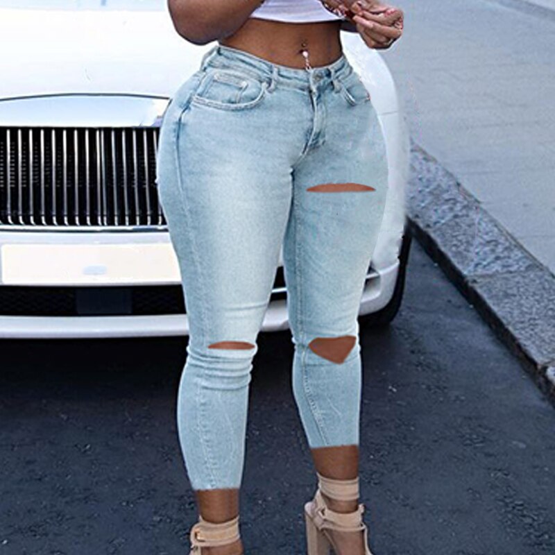 2023 Sexy New Plus Size Sexy Blue Hollow Denim Club Women's High Waist Denim Cropped Pants