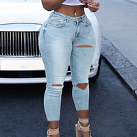 2023 Sexy New Plus Size Sexy Blue Hollow Denim Club Women's High Waist Denim Cropped Pants