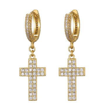 Hip Hop Cubic Zirconia Bling Iced Out Cross Earring Copper Earrings for Men Women Rock Jewelry