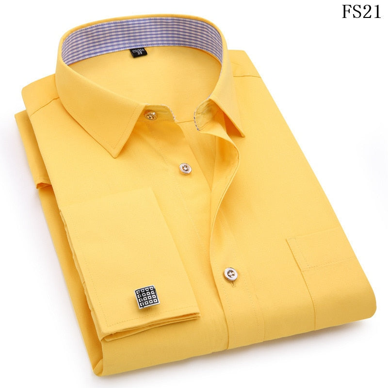 Men French Cufflinks Shirts White Collar Design Solid Color Jacquard Fabric Male Gentleman Dress Long Sleeves Shirt