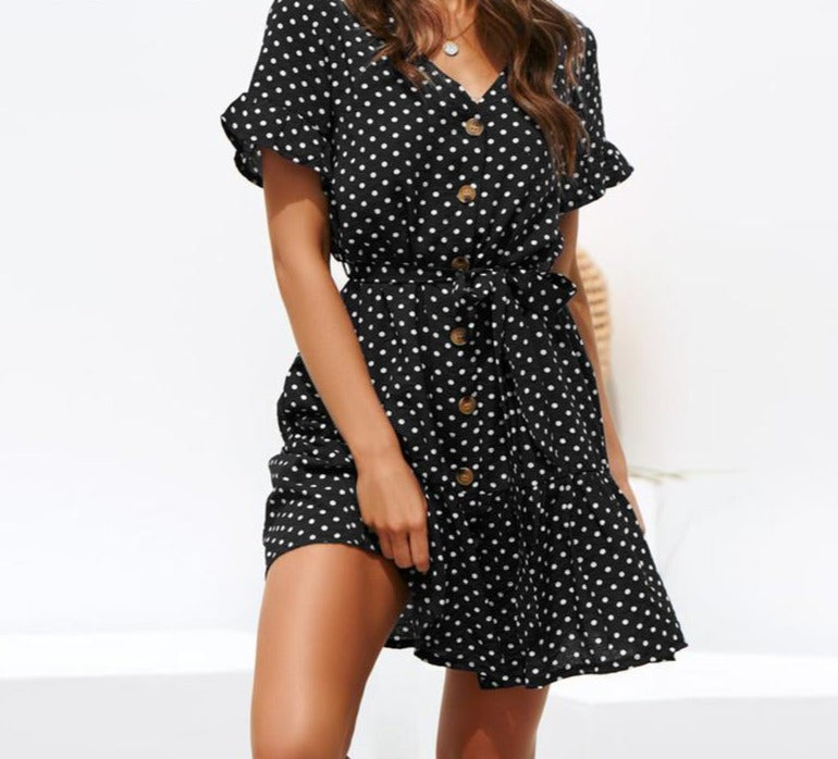 Aachoae Sexy Women Summer Beach Dress Casual Short Sleeve Polka Dot Dress