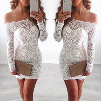 2020 SEXY Women Pencil Dress Fashion Elegant White Lace Off-the-Shoulder